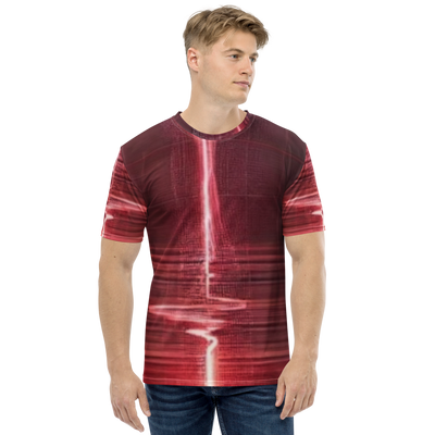 Man wearing a red abstract design @Pulse Report All-Over Print Men's Crew Neck T-Shirt with short sleeves and crew neck