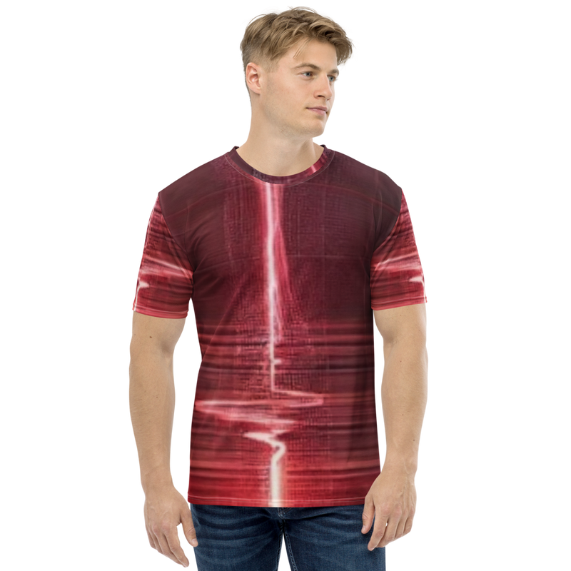 Man wearing a red abstract design @Pulse Report All-Over Print Men's Crew Neck T-Shirt with short sleeves and crew neck