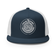 @Pulse Report 5 Panel Trucker Cap | Yupoong 6006 navy front with white mesh back and embroidered Pulse Report logo