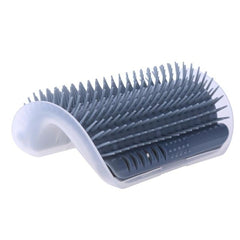 Cat Self Groomer Corner Brush in gray with soft rubber bristles designed for cats to groom themselves comfortably.