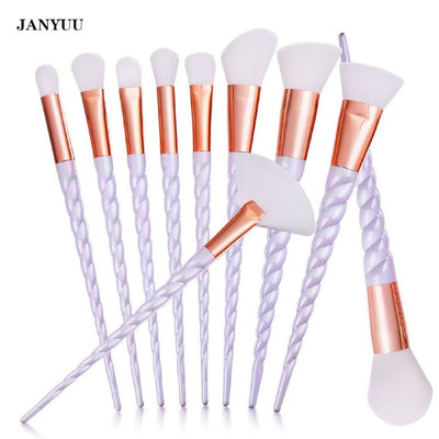 8Pcs Makeup Brushes Set with white bristles and twisted lavender handles with rose gold ferrules