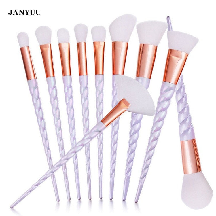 8Pcs Makeup Brushes Set with white bristles and twisted lavender handles with rose gold ferrules