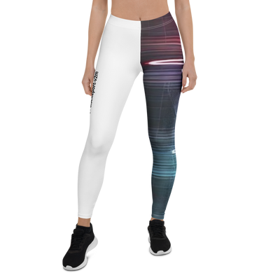 Woman wearing @Pulse Report All-Over Print Leggings with half white and half colorful blurred streaks design