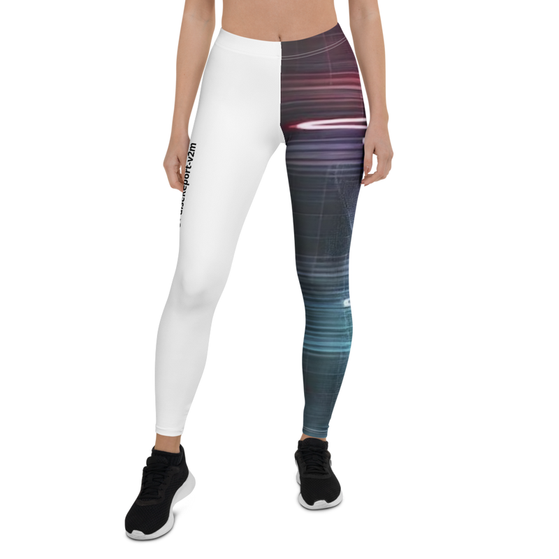Woman wearing @Pulse Report All-Over Print Leggings with half white and half colorful blurred streaks design