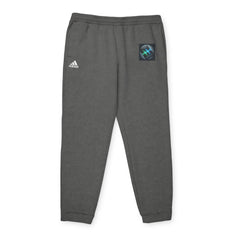 Fleece Joggers — Charcoal Athletic Sweatpants with Small Blue Logo Patch laid flat showing front side and elastic waistband.
