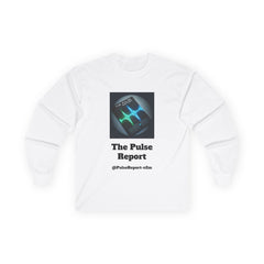 White long sleeve tee with a colorful heartbeat graphic and text, Long Sleeve Tee — “The Pulse Report” Logo Shirt