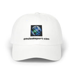 White Dad Cap with Earth logo and @PulseReport-v2m embroidery centered on the front panel