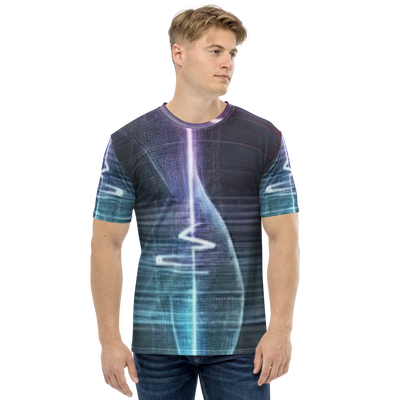 Man wearing @Pulse Report All-Over Print Men's Crew Neck T-Shirt with abstract digital and light wave design