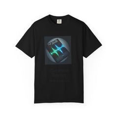 Black Unisex Garment-Dyed T-shirt with a colorful pulse waveform graphic and text on the front.
