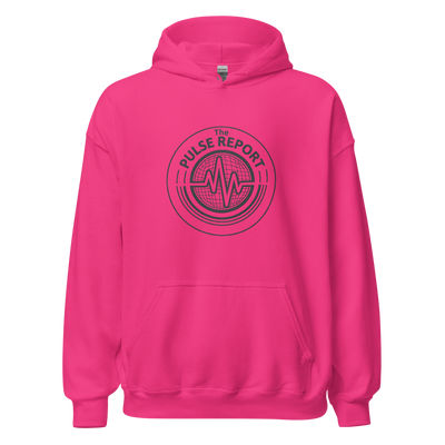 Bright pink hoodie with The Pulse Report logo on front, @Pulse Report Unisex Heavy Blend Hoodie | Gildan 18500