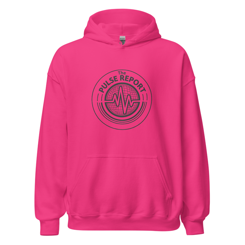Bright pink hoodie with The Pulse Report logo on front, @Pulse Report Unisex Heavy Blend Hoodie | Gildan 18500