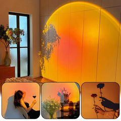 Sunset Lamp casting warm orange and pink light with plant shadows on wall and cozy room decor scenes.