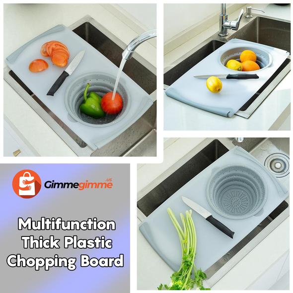 Kitchen Plastic Chopping Board with built-in collapsible colander for washing and cutting fruits and vegetables in the sink