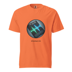 Orange unisex garment-dyed heavyweight t-shirt featuring a circular pulse graphic and text @PulseReport-v2m, @PulseReport-v2m Unisex Garment-Dyed Heavyweight T-Shirt | Comfort Colors 1717
