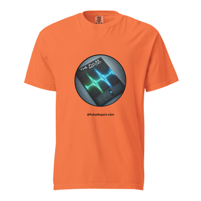 Orange unisex garment-dyed heavyweight t-shirt featuring a circular pulse graphic and text @PulseReport-v2m, @PulseReport-v2m Unisex Garment-Dyed Heavyweight T-Shirt | Comfort Colors 1717