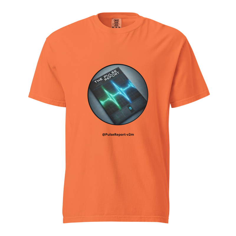 Orange unisex garment-dyed heavyweight t-shirt featuring a circular pulse graphic and text @PulseReport-v2m, @PulseReport-v2m Unisex Garment-Dyed Heavyweight T-Shirt | Comfort Colors 1717
