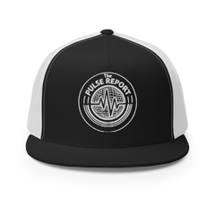 @Pulse Report 5 Panel Trucker Cap | Yupoong 6006 in black with white mesh panels and embroidered logo on front panel