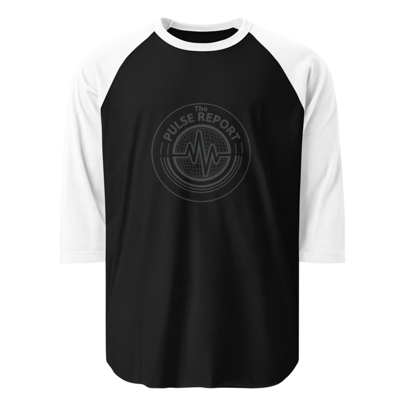 @Pulse Report Unisex 3/4 Sleeve Raglan Shirt | Tultex 245 with black front, white sleeves, and circular logo design
