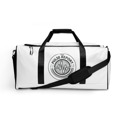 White duffle bag with black handles and shoulder strap featuring a circular Pulse Report graphic on front, @Pulse Report All-Over Print Duffle Bag.
