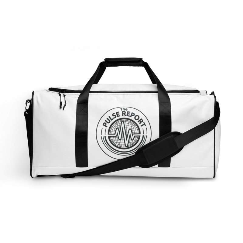 White duffle bag with black handles and shoulder strap featuring a circular Pulse Report graphic on front, @Pulse Report All-Over Print Duffle Bag.