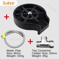 Glass Rinser Automatic Cup Washer with black rinser, stainless steel water pipe, and chrome tee connector accessories