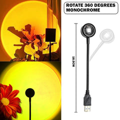 Sunset Lamp with flexible neck and USB connector projecting a warm yellow circular light background.