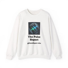 White crewneck sweatshirt featuring The Pulse Report Logo & @PulseReport-v2m Branding in black text and heartbeat graphic.