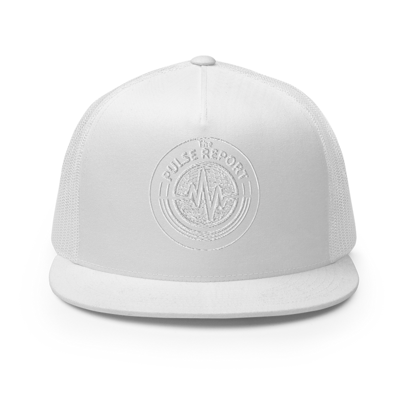 @Pulse Report 5 Panel Trucker Cap | Yupoong 6006 in white with embroidered circular logo on front panel