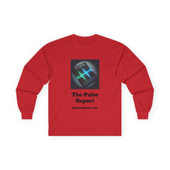 Red Long Sleeve Tee — “The Pulse Report” Logo Shirt with a heartbeat graphic and black text on front center.