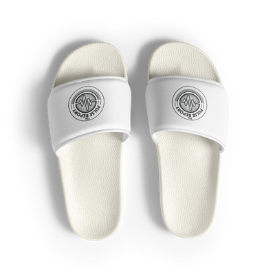 @Pulse Report Women's Slides in white with textured footbed and branded strap detail viewed from above