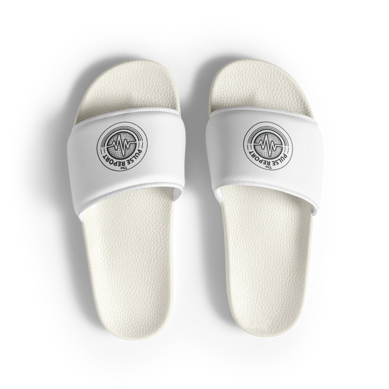 @Pulse Report Women's Slides in white with textured footbed and branded strap detail viewed from above