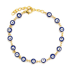 Charm Bracelet with gold chain featuring blue and white evil eye charms linked together for protection and style.