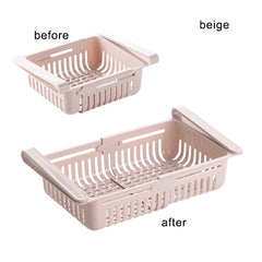 Beige expandable Shelf Kitchen Organizer showing compact and extended storage size options.