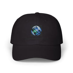 Dad Cap with Earth Logo & @PulseReport-v2m Embroidery featuring a black fabric with a colorful earth design on front