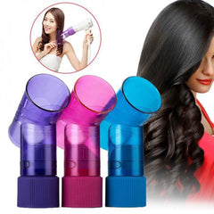Three colorful plastic curl diffuser attachments for DIY Hair Dryer with a woman curling hair using the tool.