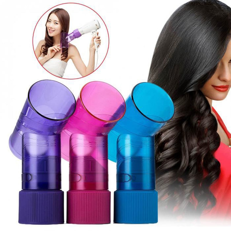 Three colorful plastic curl diffuser attachments for a DIY Hair Dryer with a woman styling her hair curls.