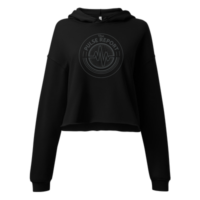 Black cropped hoodie with pulse logo design on chest, featuring long sleeves and a hood, 