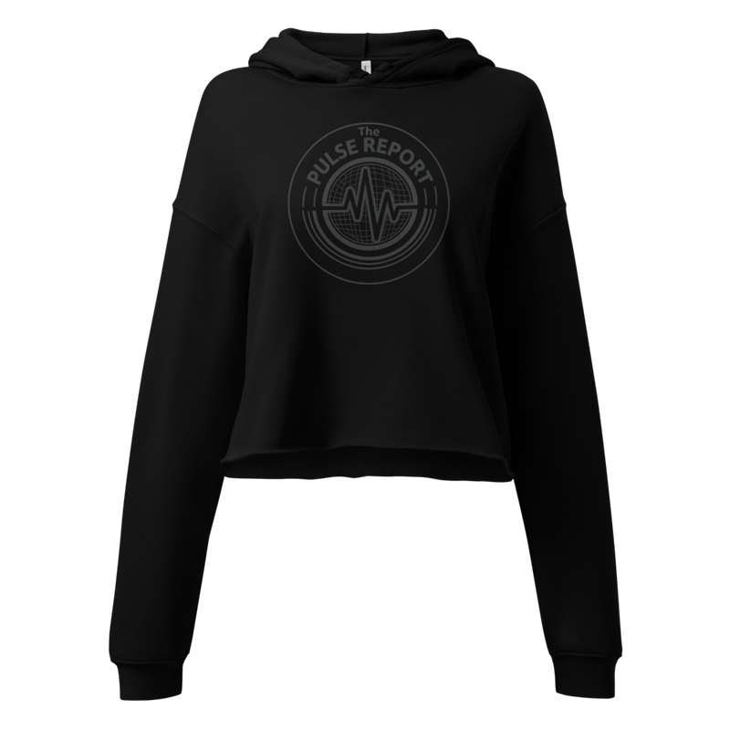 Black cropped hoodie with pulse logo design on chest, featuring long sleeves and a hood, 