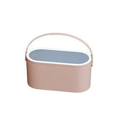Portable pink and gray compact Makeup Organizer Box with handle for convenient storage and travel.
