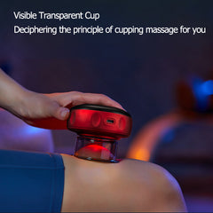 Person using Anti-Cellulite Therapy Massager with visible transparent cup on thigh in a dimly lit room