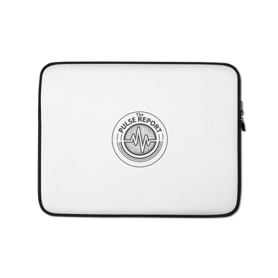 @Pulse Report Laptop Sleeve with a clean white front and black circular logo featuring a pulse waveform design