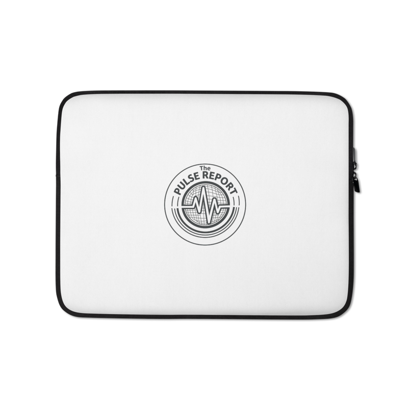 @Pulse Report Laptop Sleeve with a clean white front and black circular logo featuring a pulse waveform design