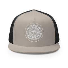 @Pulse Report 5 Panel Trucker Cap | Yupoong 6006 in beige with black mesh and embroidered front logo design
