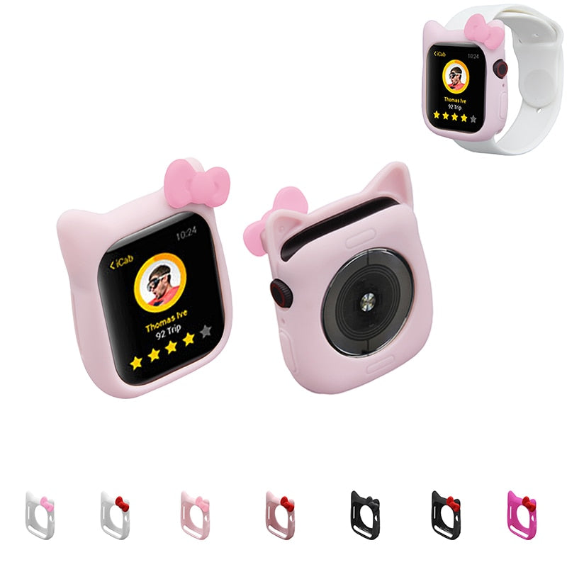 Pink Cat Watch Cover Case for Apple Watch with bow and cat ear design, protecting front and back of the device.