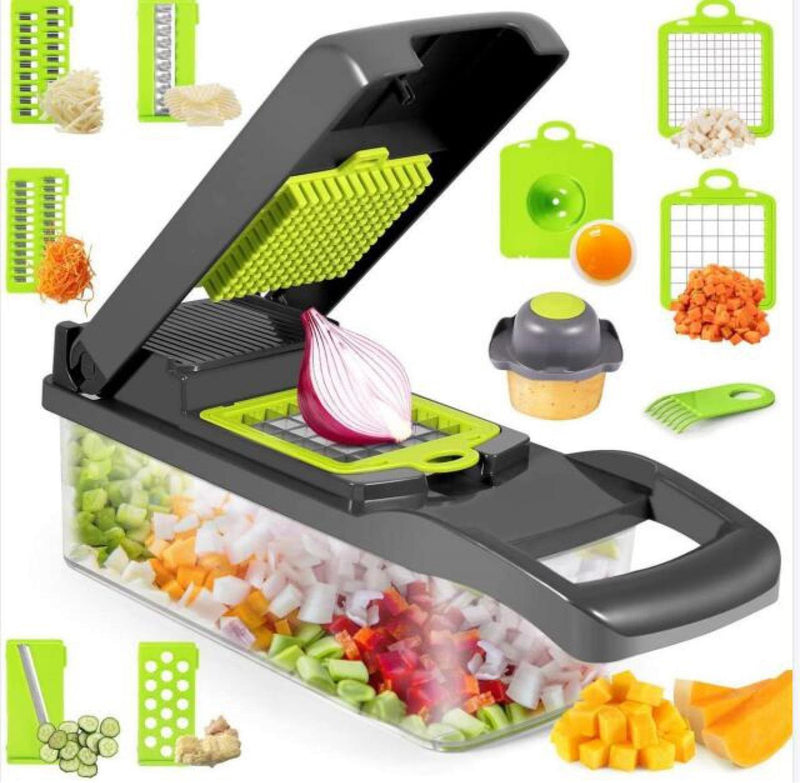 Vegetable Chopper Kitchen with interchangeable blades for dicing, slicing, and grating various vegetables with container.