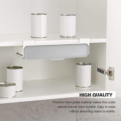 Kitchen Self-Adhesive Wall-Mounted Spice Organizer installed under cabinet with cans stored inside and on top.