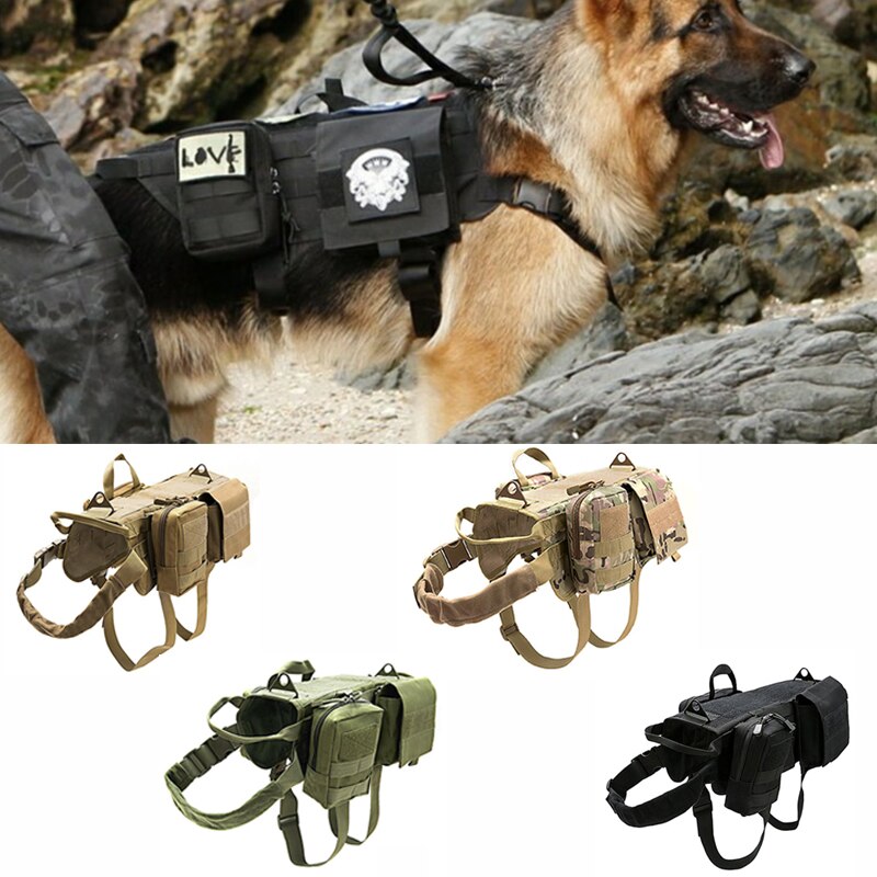 German Shepherd wearing a black Tactical Military Dog Harness with multiple pockets and adjustable straps on rocky terrain