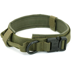 Dog Collar in olive green with durable nylon material and quick-release black buckle for secure fit.