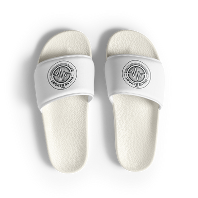 @Pulse Report Men's Slides in white with black logo on the strap, textured footbed for comfort and grip