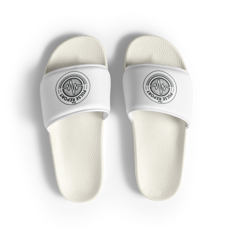 @Pulse Report Men's Slides in white with black logo on the strap, textured footbed for comfort and grip